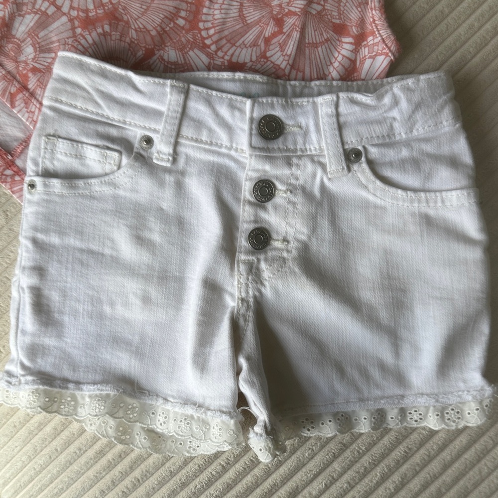 Pair of OshKosh B'gosh Pink Patterned Tank Top and White Denim Shorts - Picture 2 of 13